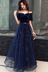 Homecoming Dress 2035, Blue Tulle With Velvet Long Party Dress, A Line Off Shoulder Formal Dress, Prom Dress