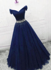 Homecoming Dress Shopping, Dark Blue Beaded Tulle A Line Party Dress, Long Prom Dress