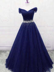 Homecoming Dress Shops, Dark Blue Beaded Tulle A Line Party Dress, Long Prom Dress