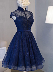 Festival Outfit, Beautiful Navy Blue Knee Length Lace Party Dress, Homecoming Dress