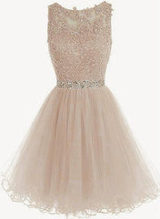 Homecomming Dresses Green, Charming Light Champagne Short Lace Beaded Party Dress, Tulle Homecoming Dress, Formal Dress