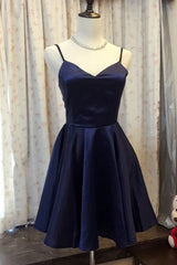 Homecoming Dresses Sage Green, Simple Navy Blue Satin A Line V Neck Short Prom Dress, Homecoming Dress