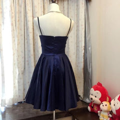 Homecoming Dresses, Simple Navy Blue Satin A Line V Neck Short Prom Dress, Homecoming Dress