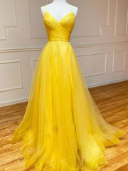 Homecoming Dressed Short, Simple V Neck Backless Yellow Tulle Long Prom Dresses, V Neck Yellow Long Formal Evening Dresses