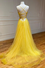 Homecoming Dress Shopping Near Me, Simple V Neck Backless Yellow Tulle Long Prom Dresses, V Neck Yellow Long Formal Evening Dresses