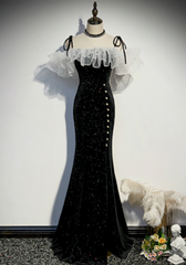 Party Dresses For Christmas Party, Black Mermaid Sequins Spaghetti Straps Pearls Prom Dresses