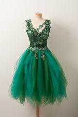 Homecoming Dresses Websites, Unique V Neck Green Tulle Lace Short Prom Dress, Green Homecoming Dress
