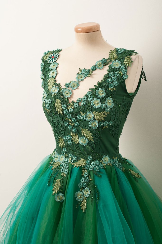 Homecoming Dress Stores, Unique V Neck Green Tulle Lace Short Prom Dress, Green Homecoming Dress
