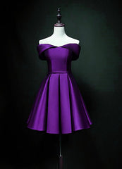 Formal Dress For Party Wear, Cute Short Sweetheart Satin Off Shoulder Purple Short Prom Dresses