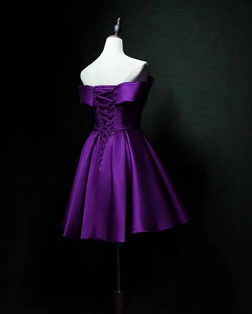 Formal Dress Long Sleeve, Cute Short Sweetheart Satin Off Shoulder Purple Short Prom Dresses