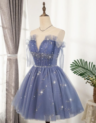 Party Dresses Outfit, Flowy Cute A Line Blue Homecoming Dresses, Short Beading