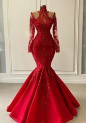 Party Dress Maxi, Arabic Aso Ebi Red Luxurious Lace Beaded Evening Dresses, Mermaid Long Sleeves Prom Dresses, Vintage Formal Party Second Reception Gowns