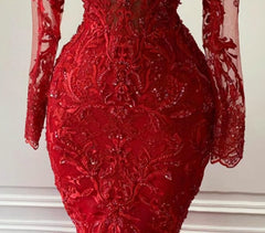 Party Dresses Maxi, Arabic Aso Ebi Red Luxurious Lace Beaded Evening Dresses, Mermaid Long Sleeves Prom Dresses, Vintage Formal Party Second Reception Gowns