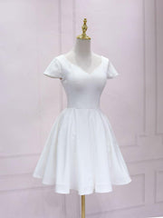 Homecoming Dress Tight, White V Neck Satin Lace Short Prom Dress, White Homecoming Dress