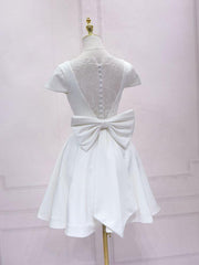 Homecoming Dresses Pockets, White V Neck Satin Lace Short Prom Dress, White Homecoming Dress