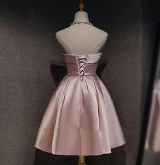 Formal Dresses For Wedding Guest, Pink Satin Short Simple Knee Lengtg Pink Homecoming Dresses