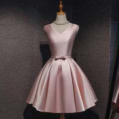 Formal Dress For Wedding Guests, Cute Pink Satin Short Simple Knee Length Pink Short Prom Dresses