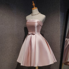 Formal Dress For Weddings Guest, Cute Pink Satin Short Simple Knee Length Pink Short Prom Dresses