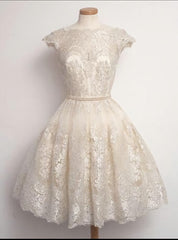 Bridesmaids Dress Champagne, New Arrival Short Mini Lace O Neck Real Made On Sale Homecoming Dresses
