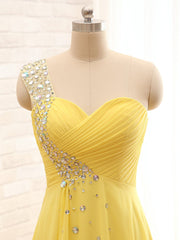 Party Dresses, Elegant One Shoulder Yellow Chiffon Beaded Pleat Long Bridesmaid Dresses