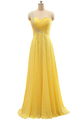 Party Dress Long Sleeve Maxi, Elegant One Shoulder Yellow Chiffon Beaded Pleat Long Bridesmaid Dresses
