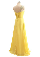 Party Dresses For 25 Year Olds, Elegant One Shoulder Yellow Chiffon Beaded Pleat Long Bridesmaid Dresses