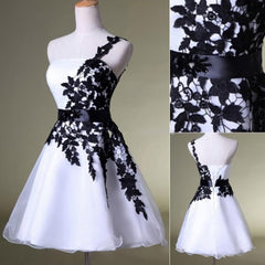 Bridesmaid Dress Cheap, Hot Sales Vintage Black Lace White Organza Short One Shoulder Belt Custom Made Hd021 Prom Dresses