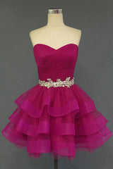 Wedding Dresses With Sleeve, Hot Pink Organza Sweetheart Neckline Short Beadings Belt Tiered Rose Red Layers Prom Dresses
