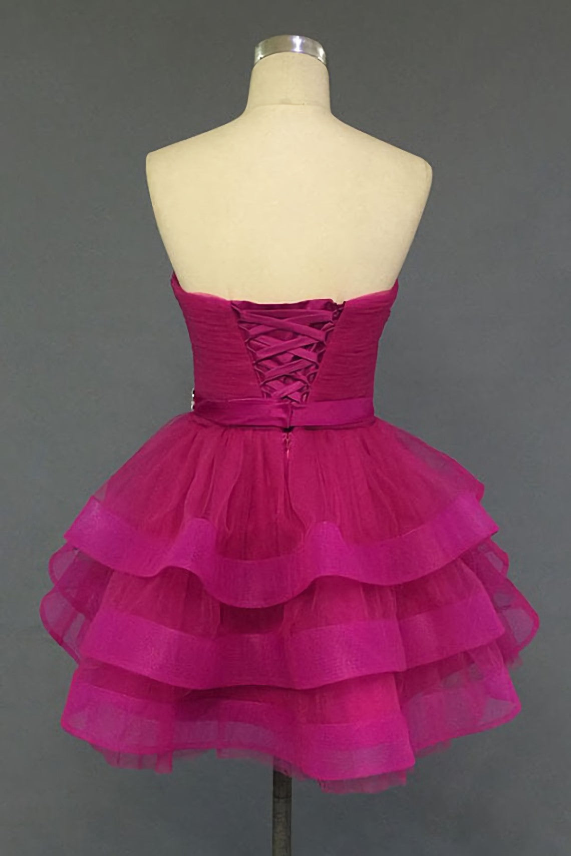 Wedding Dress With Sleev, Hot Pink Organza Sweetheart Neckline Short Beadings Belt Tiered Rose Red Layers Prom Dresses