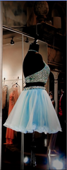 Wedsing Dresses With Sleeves, Two Pieces Light Blue Short High Neck Open Back Rhinestones Mid Section Sky Blue Prom Dresses