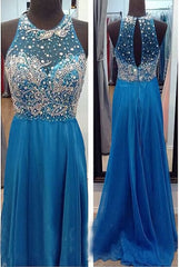 Bridesmaids Dress Cheap, High Neck See Through O Back Dark Blue Chiffon Long Open Back Beaded Crystal A Line Bodice Sexy Prom Dresses