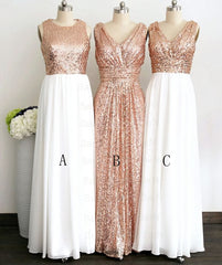 Bridesmaid Dresses Designs, Rose Gold Sequin White Chiffon V Neck Sexy Long Elegant Simple Prom Dresses