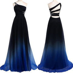 Wedding Dress Spring, One Shoulder Navy Blue Royal Blue Ombre Gradient Color Chiffon Long Ombre For Sweet 16 Prom Dresses