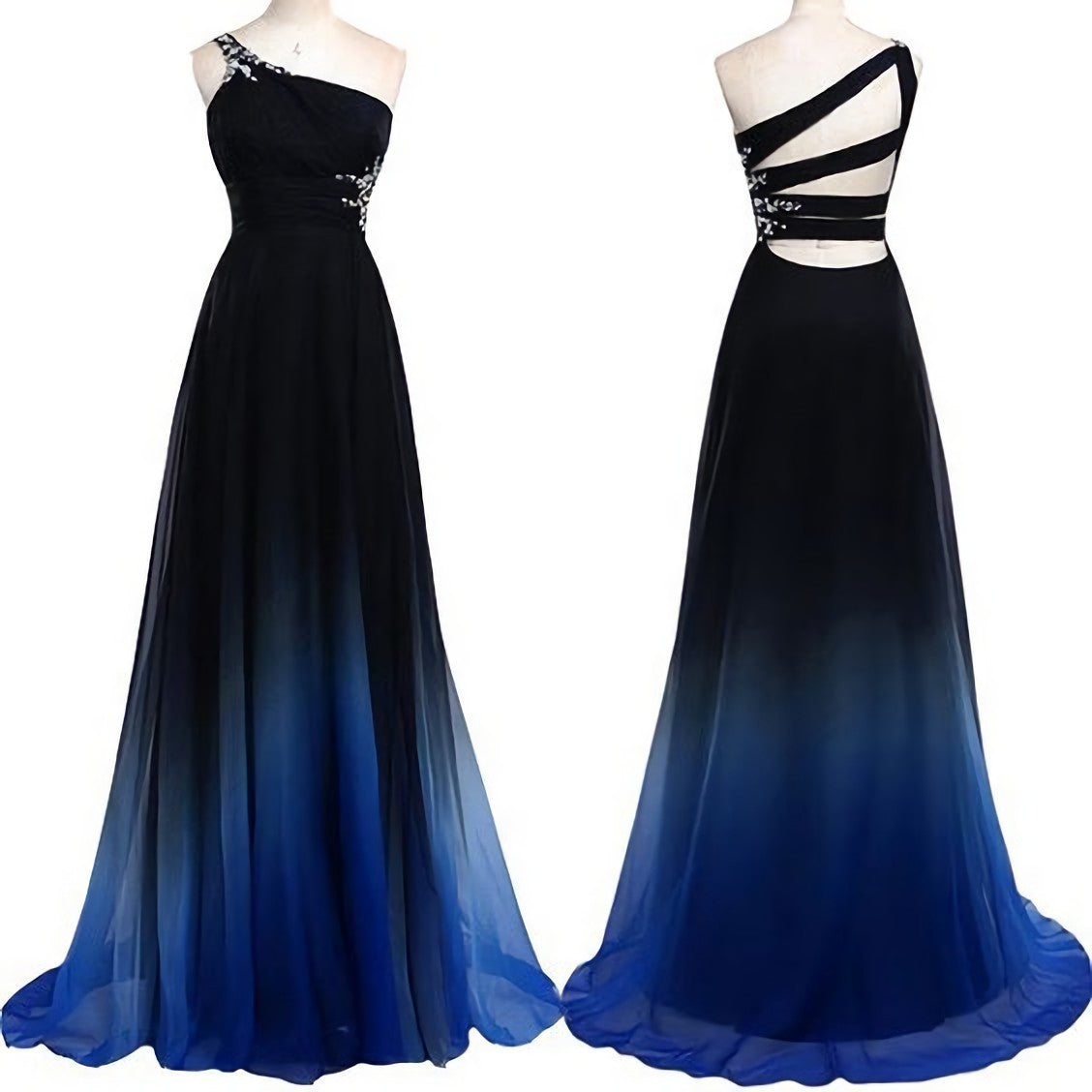 Wedding Dresses Spring, One Shoulder Navy Blue Royal Blue Ombre Gradient Color Chiffon Long Ombre For Sweet 16 Prom Dresses