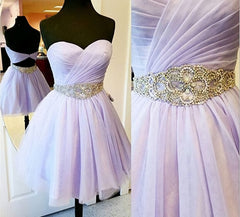 Wedding Dress Outlets, Charming Empire Waist Lavender Sweetheart Backless Short Fashion Beaded Belt Short For Sweet 16 Mini Length Skirt Prom Dresses