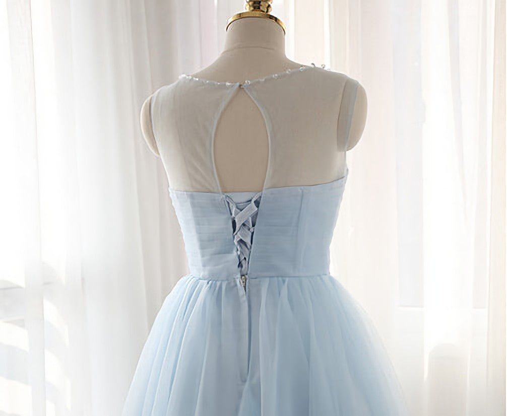 Bridesmaid Dress Sleeveless, Simple Light Blue Short Tulle Cheap Elegant Charming Homecoming Dresses