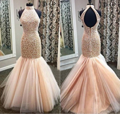 Party Dresses Website, Champagne Mermaid Tulle Beading Mermaid Backless Prom Dresses With Beading For Teens