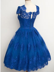 Fantasy Dress, Lace Cap Sleeves Junior Blue Homecoming Dresses