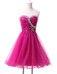 Silk Prom Dress, Hot Pink Cute Tulle Short Homecoming Dresses