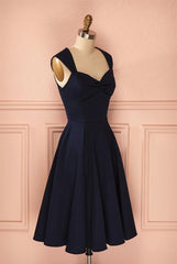 Bridesmaid Dress Navy Blue, Vintage Simple Short Navy Blue Elegant Handmade Homecoing Homecoming Dresses