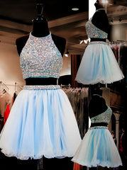 Party Dress Black And Gold, Light Sky Blue Tulle 2 Pieces Two Piece Sweet 16 Homecoming Dresses