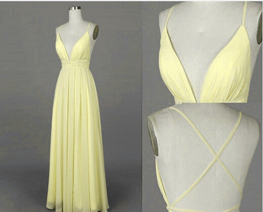 Sparklie Prom Dress, beautiful light yellow cross back long chiffon prom dresses party dresses evening dresses