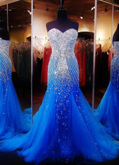 Party Dresses Idea, Royal Blue Prom Dresses, Royal Blue Prom Dress, Silver Beaded Formal Gown Mermaid Beadings Prom Dresses, Evening Gowns Tulle Formal Gown For Senior Teens