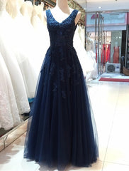 Party Dresses Prom, Elegant Navy Blue Tulle Backless Floor Length Prom Dresses, Party Gowns Evening Dresses, Navy Blue Formal Dresses
