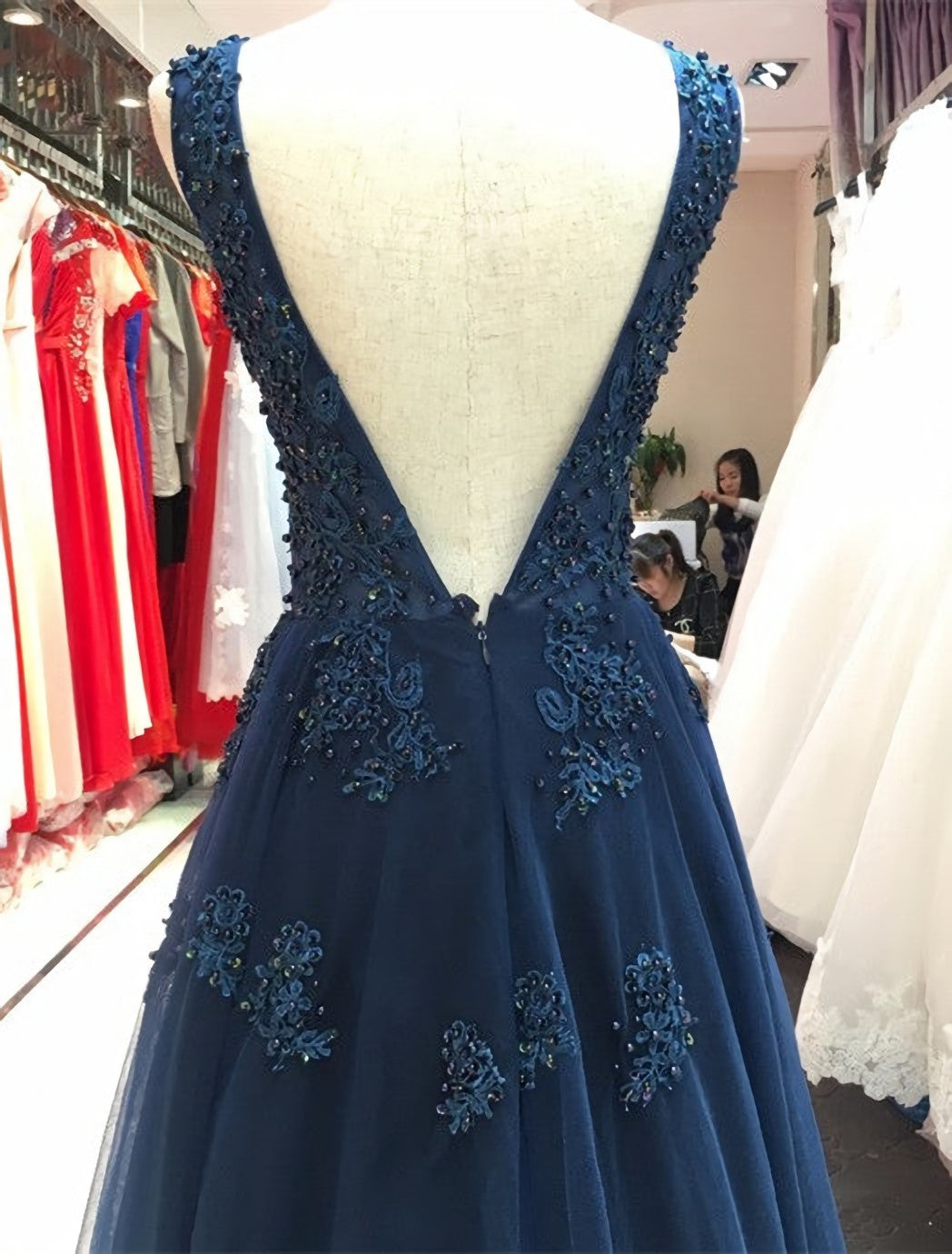 Party Dresse Idea, Elegant Navy Blue Tulle Backless Floor Length Prom Dresses, Party Gowns Evening Dresses, Navy Blue Formal Dresses