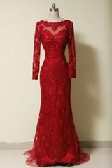 Party Dresses Online Shop, Elegant Long Sleeves Red Lace Mermaid Prom Dress, 2024 Party Dress, Evening Dress, 2024