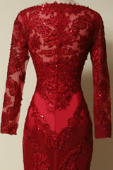 Party Dress Party Dress, Elegant Long Sleeves Red Lace Mermaid Prom Dress, 2024 Party Dress, Evening Dress, 2024