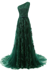 Party Dress Shopping, Forest Green Lace Appliques Tulle Floor Length Prom Dress, Featuring One Shoulder Bodice With Bow Accent Belt