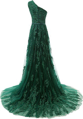 Party Dress Shop, Forest Green Lace Appliques Tulle Floor Length Prom Dress, Featuring One Shoulder Bodice With Bow Accent Belt