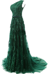 Party Dress Shops, Forest Green Lace Appliques Tulle Floor Length Prom Dress, Featuring One Shoulder Bodice With Bow Accent Belt